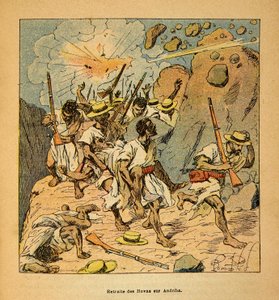 मेडागास्कर में युद्ध- 1885-1895 के फ्रांसीसी अभियानों का उपाख्यानात्मक इतिहास हेनरी गैली डिट गैलिचेट (1854-1922) द्वारा, लुई बॉम्बल्ड (1862-1927) द्वारा सचित्र: एंड्रिबा पर होवास की वापसी, निजी संग्रह द्वारा लुई चार्ल्स ने बमबारी की