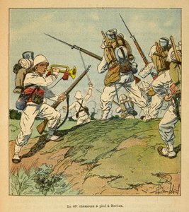 मेडागास्कर में युद्ध- 1885-1895 के फ्रांसीसी अभियानों का उपाख्यानात्मक इतिहास हेनरी गैली डिट गैलिचेट (1854-1922) द्वारा, लुई बॉम्बल्ड (1862-1927) द्वारा सचित्र: 1895 में बेरिट्ज़ा में लड़ाई के दौरान पैदल 40 वें शिकारी, निजी संग्रह द्वारा लुई चार्ल्स ने बमबारी की