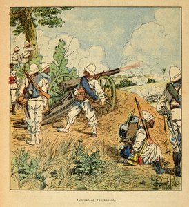 मेडागास्कर में युद्ध- 1885-1895 के फ्रांसीसी अभियानों का उपाख्यानात्मक इतिहास हेनरी गैली डिट गैलिचेट (1854-1922) द्वारा, लुई बॉम्बल्ड द्वारा सचित्र (1862-1927): 1895 में ज़ारसाओत्रा की रक्षा, निजी संग्रह द्वारा लुई चार्ल्स ने बमबारी की