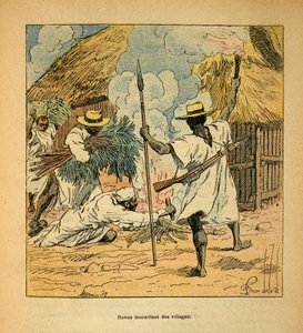 मेडागास्कर में युद्ध- 1885-1895 के फ्रांसीसी अभियानों का उपाख्यानात्मक इतिहास हेनरी गैली डिट गैलीचेट (1854-1922) द्वारा, लुई बॉम्बल्ड द्वारा सचित्र (1862-1927): होवास जलते हुए गाँव, निजी संग्रह द्वारा लुई चार्ल्स ने बमबारी की