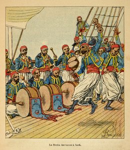 मेडागास्कर में युद्ध- 1885-1895 के फ्रांसीसी अभियानों का उपाख्यानात्मक इतिहास हेनरी गैली डिट गैलिचेट (1854-1922) द्वारा, लुई बॉम्बल्ड द्वारा सचित्र (1862-1927): मेडागास्कर के लिए नौकायन जहाज पर ला नूबा डेस टर्कोस, निजी संग्रह द्वारा लुई चार्ल्स ने बमबारी की
