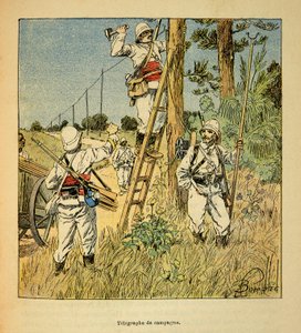 1885-1895 के फ्रांसीसी अभियानों के मेडागास्कर-उपाख्यानात्मक इतिहास में युद्ध हेनरी गैली डिट गैलिचेट (1854-1922) द्वारा, लुई बॉम्बल्ड (1862-1927) द्वारा सचित्र: 1895 में मेडागास्कर में सेना द्वारा अभियान टेलीग्राफ का कार्यान्वयन, निजी कोल द्वारा लुई चार्ल्स ने बमबारी की