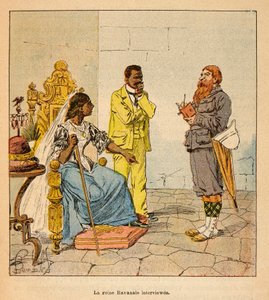 1885-1895 के फ्रांसीसी अभियानों के मेडागास्कर-उपाख्यान इतिहास में युद्ध हेनरी गैली डिट गैलीचेट (1854-1922) द्वारा, लुई बॉम्बल्ड द्वारा सचित्र (1862-1927): एक अंग्रेजी पत्रकार ने 1895 में रानी रावणालो का साक्षात्कार लिया। मंत्री द्वारा लुई चार्ल्स ने बमबारी की