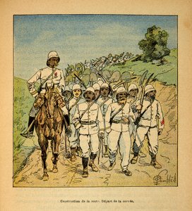 1885-1895 के फ्रांसीसी अभियानों के मेडागास्कर-उपाख्यानात्मक इतिहास में युद्ध हेनरी गैली डिट गैलिचेट (1854-1922), लुई बॉम्बल्ड द्वारा सचित्र (1862-1927): मेडागास्कर में एक सड़क का निर्माण, कोरवी की शुरुआत, निजी संग्रह द्वारा लुई चार्ल्स ने बमबारी की