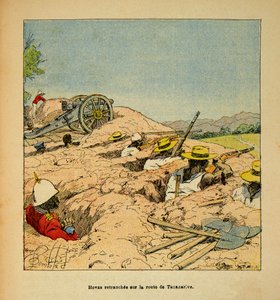 1885-1895 के फ्रांसीसी अभियानों के मेडागास्कर-उपाख्यान इतिहास में युद्ध हेनरी गैली डिट गैलिचेट (1854-1922) द्वारा, लुई बॉम्बल्ड (1862-1927) द्वारा सचित्र: 1895 में टैनरिव के लिए सड़क पर होवास ट्रूप ट्रेंच, निजी संग्रह द्वारा लुई चार्ल्स ने बमबारी की