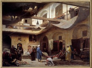 1866 में काहिरा में खान-खबील में कालीन बाजार। लुई क्लाउड मौचोट द्वारा पेंटिंग (1830-1891)