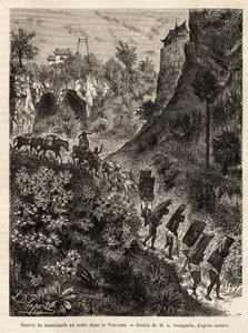 1866-1868 में जहाज के लेफ्टिनेंट फ्रांसिस गार्नियर द्वारा इंडोचाइना में अन्वेषण की यात्रा को चित्रित करने के लिए, युन्नान (चीन) के रास्ते में व्यापारियों और उनके कुलियों का एक काफिला, एल। डेलापोर्टे के चित्र के बाद उकेरा गया, "ले" में प्रकाशित हु द्वारा लुई डेलापोर्टे