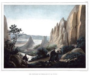 लेस उल्कापिंड डे थिसली एट ले पिंडे (चट्टानों और चट्टानों का परिदृश्य)। "" एथेंस और कॉन्स्टेंटिनोपल की यात्रा, या ग्रीक और तुर्क चित्रों, विचारों और परिधानों का संग्रह, लुई डुप्रे द्वारा प्रकृति, लिथोग्राफ और रंगों के बाद के स्थानों पर चित्रित द्वारा लुई डुप्रे
