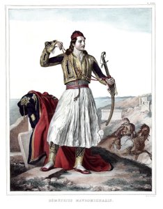 डेमेट्रियस मावरोमिचलिस, ग्रीक सैनिक और देशभक्त। "" एथेंस और कॉन्स्टेंटिनोपल की यात्रा, या ग्रीक और तुर्क चित्रों, विचारों और परिधानों का संग्रह, लुई डुप्रे (1789-1837), दा के शिष्य द्वारा प्रकृति, लिथोग्राफ और रंगों के स्थानों पर चित्रित किया गया द्वारा लुई डुप्रे