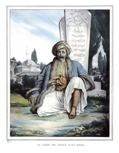 द गार्जियन ऑफ़ द सील्स ऑफ़ अली पाशा डी जेनिना (1741-1822), "" वॉयज ए एथेंस एंड ए कॉन्स्टेंटिनोपल में, या ग्रीक और ओटोमन चित्रों, विचारों और परिधानों का संग्रह, लुई डुप्रे द्वारा प्रकृति, लिथोग्राफ और रंगों के स्थानों पर चित्रित किया गया है। (१७८९ द्वारा लुई डुप्रे