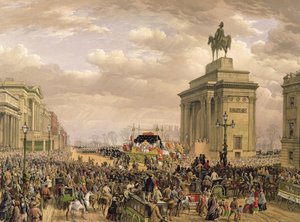 ड्यूक ऑफ वेलिंगटन का अंतिम संस्कार, थॉमसन पेंक (fl.1838-1870), पब द्वारा उत्कीर्ण अप्सली हाउस, 18 नवंबर 1852 को आर्कवे से गुजरने वाली अंतिम संस्कार कार। एकरमैन एंड डे, 1853 द्वारा