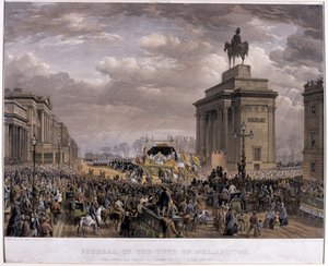 ड्यूक ऑफ वेलिंगटन की (1769-1852) अंतिम संस्कार कार 18 नवंबर, 1853 को अप्सले हाउस में आर्कवे से गुजरती हुई द्वारा लुई हागे