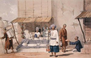 कैप्टन लॉकयर विलिस हार्ट द्वारा लिखित 'कैरेक्टर्स एंड कॉस्ट्यूम्स ऑफ अफ़ग़ानिस्तान' से बाज़ार में बर्फ आदि ले जाने वाले हुज़ारेह के साथ एक फॉलोडेन स्टॉल, 1843 में प्रकाशित (कलर लिथो) द्वारा लुइस हेग