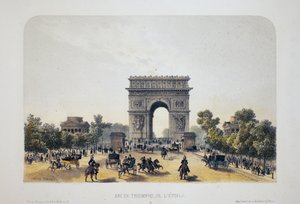 आर्क डी ट्रायम्फ डे ल'एटोइल, पेरिस। लिथोग्राफी वॉटरकलर, अर्नौट द्वारा चित्रण, "एल्बम, स्मृति चिन्ह डे पेरिस" में, डैज़ियारो संपादक, पेरिस द्वारा लुइस जूल्स अर्नौट