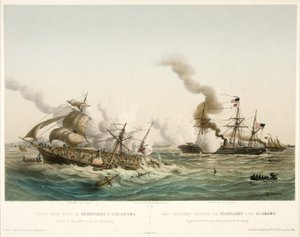 कॉम्बैट नेवल एन्ट्रे ले क्रेजेज एंड एल अलबामा, पब। 1864 (रंग लिथोग्राफ) द्वारा लुई ले ब्रेटन