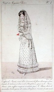 19वीं सदी की शुरुआत में जॉर्ज जैक्स गैटिन (1773-1831) द्वारा उकेरी गई 'हाउते एट मोयेन क्लासेस' श्रृंखला से शादी की पोशाक और पोशाक, फैशन प्लेट नंबर 4 (रंगीन उत्कीर्णन) द्वारा लुई मैरी (बाद में) लैंटे