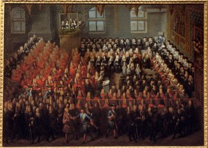 लुई XIV (1710-1774) द्वारा पेरिस की संसद के ग्रैंड चैंबर में लुई XIV (1638-1715) की इच्छा को तोड़ने के लिए आयोजित न्याय का बिस्तर द्वारा लुई मिशेल डूमनील