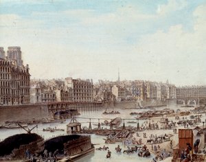 1782 में पेरिस में बंदरगाह की गोदी पर समुद्री जीवन और सीन पर व्यावसायिक गतिविधियाँ। विवरण। लुई डी लेस्पिनासे (१७३४-१८०८) १७८२ द्वारा चित्रकारी। पेरिस, मुसी कार्नावाले