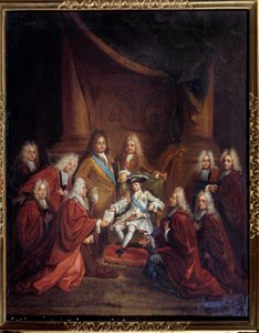 किंग लुई XV (1710-1774) 1716 में सिटी बॉडी को बड़प्पन के पत्र देते हुए बच्चे लुई बोलोग्ने द ज्यून (1654-1733) 1716 सन द्वारा पेंटिंग। 0,66x0,55 मीटर पेरिस, मुसी कार्नावलेट
