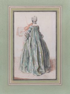 वायलिन बजाने वाली महिला, पीछे से देखी गई, ca. 1758-59.