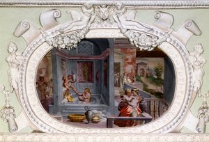स्नान, प्रलोभन के दृश्य। लुका कंबियासो द्वारा फ्रेस्को (1527-1585) द्वारा लुका कैम्बियासो