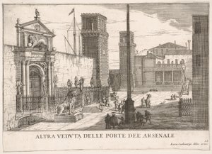 प्लेट 63: शिपयार्ड और शस्त्रागार परिसर आर्सेनेल, वेनिस, 1703, fr ..., 1703 के गेट का दृश्य। द्वारा लुका कार्वेलरिज