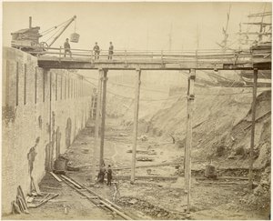 विस्तारित लाइमहाउस बेसिन का निर्माण, लंदन, मई 1869 द्वारा लुकास और टक