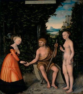 Travaux d'Hercule : le choix d'Hercule entre वाइस एट वर्टू - द चॉइस ऑफ़ हेराक्लीज़ (द लेबर ऑफ़ हरक्यूलिस से) - क्रैनाच, लुकास, द एल्डर (1472-1553) - 1537 के बाद - लकड़ी पर तेल - 110,1x98, 1 - हर्ज़ोग एंटोन उलरिच संग्रहालय, ब्राउनश्वेइगो द्वारा लुकास द एल्डर क्रैनाच