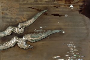 एक धातु लाह पैनल लागू चांदी के समुद्र के साथ gulls, c.1900 (धातु लाह पैनल, चांदी) द्वारा लुसिएन गिलार्ड