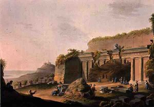 रॉबर्ट बॉयर (1758-1834) 1803 (रंगीन एक्वाटिंट) द्वारा प्रकाशित 'व्यूज़ इन द ओटोमन एम्पायर' से रोड्स पर लिंड के पास रॉक में एक ग्रोटो कट, 'व्यूज़ इन द ओटोमन एम्पायर' द्वारा लुइगी (बाद में) मेयर
