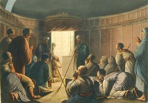 'व्यूज़ इन फ़िलिस्तीन' से चैपल ऑफ़ द होली सेपुलचर में प्रवेश, मुद्रित लंदन 1804 (कलर लिथो) द्वारा लुइगी (बाद में) मेयर