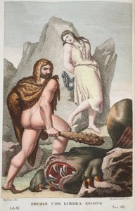 हरक्यूलिस Hesione या Ercole che Libera Enione, Book XI, Ovid के Metamorphoses, फ्लोरेंस, 1832 (हाथ से उकेरने वाले उत्कीर्णन) से चित्रण बचाता है द्वारा लुइगी एडेमोलो
