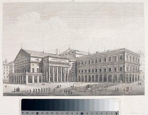 जेनोआ (Etching .) में कार्लो फेलिस थियेटर और एकेडेमिया के महल का दृश्य द्वारा लुइगी गैरीबो