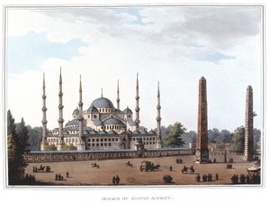 सुल्तान अहमद की मस्जिद (1609-1616), इस्तांबुल। लुइगी मेयर, लंदन द्वारा लिए गए मूल चित्रों से "" ओटोमन डोमिनियन में, यूरोप में, एशिया में और कुछ भूमध्यसागरीय द्वीपों में दृश्य"" में द्वारा लुइगी मेयर