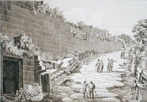 टस्कुलो के लिए रोमन सड़क, 1825 में 'ले एंटिचिटा देई कॉन्टोर्नी डि रोमा' से पहली खुदाई के बाद, 1824-26 में प्रकाशित हुई (नक़्क़ाशी)
