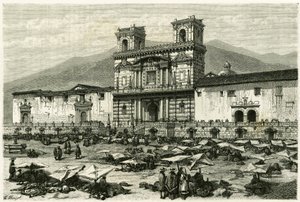 क्विटो का कैथेड्रेल (वर्तमान इक्वाडोर की राजधानी) और इसके चौक पर लोकप्रिय मनोरंजन। "इक्विनोक्सियल अमेरिका" कहानी को चित्रित करने के लिए क्लेरगेट और फर्डिनेंडस द्वारा उत्कीर्णन द्वारा एम। (बाद) फर्डिनेंडस