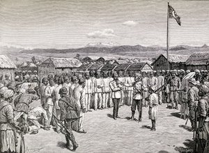 केवल्ली, 1890 में सर हेनरी मॉर्टन स्टेनली ने विद्रोही अधिकारियों को संबोधित करते हुए (लकड़ी की नक्काशी) द्वारा एम। शोनबर्ग
