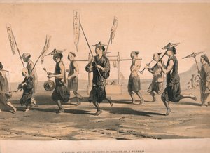 एक अंतिम संस्कार के अग्रिम में संगीतकार और ध्वजवाहक, c1860।