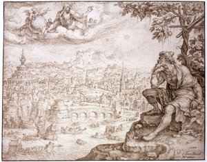 योना, लौकी के नीचे बैठा, नीनवे के शहर में सम्‍मिलित है, 1566 (कागज पर एक लेखनी के साथ उकसाने वाली पेन und ब्राउन स्याही)