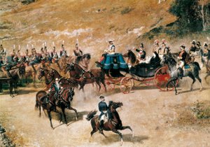 क्वीन मारिया क्रिस्टीना और उनकी बेटी, इसाबेल II, 1837 में मैड्रिड की रक्षा करने वाली आर्टिलरी बैटरियों की समीक्षा करते हुए, विस्तार से, c. 1866 (कैनवास पर तेल)
