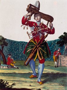 बांसुरी के निर्माता, मार्टिन एंगेलब्रेच (1684-1756), जर्मनी द्वारा असेम्बलेज डेस नोव्यू मैनौवरीज हैबिल्स से उत्कीर्णन द्वारा मार्टिन एंजेलब्रेट