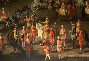 प्राग, 1743 में फ्रांसीसी सेना की हार का जश्न मनाने के लिए वियना हॉफ के विंटर राइडिंग स्कूल में एक कैवलकेड (विस्तार, एक ग्रे घोड़े पर घुड़सवार, ऑस्ट्रिया की महारानी मारिया थेरेसा को दिखाते हुए) (detai)