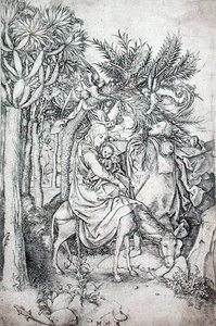 मिस्र में उड़ान, c.1470-80 (उत्कीर्णन) द्वारा मार्टिन शॉन्गॉउर