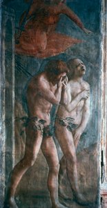 आदम और हव्वा ने स्वर्ग से निर्वासित कर दिया, विवरण, पूर्व-बहाली, c1427। द्वारा मासासिओ टोमासो