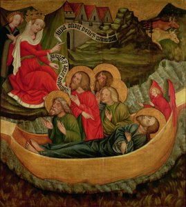 स्पेन के लिए बाध्य सेंट जेम्स द ग्रेटर का अंगीकरण, c.1425 (पैनल) द्वारा रायगर्न के मास्टर