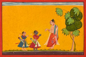 Rama and Lakshman with the sage Vishvamitra, from a Ramayana, ca. 1680-1690.  द्वारा 'शांगरी' रामायण की शैली II के मास्टर