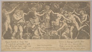 Priapus के लिए बलिदान जो केंद्र में एक मूर्ति के रूप में है, Bacchus और एक सा..., 1530-60।