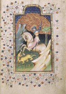 सेंट जॉर्ज ने ड्रैगन से लड़ते हुए, 1420-30 (चर्मपत्र पर सोने का पानी)