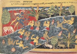 गोपियाँ कृष्ण से अपने वस्त्र वापस करने की विनती करती हैं..., ca. 1560-65. द्वारा Isarda के मास्टर