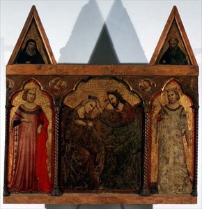 Triptych: वर्जिन का राज्याभिषेक दो संतों द्वारा किया गया (पैनल पर तापमान) द्वारा उरबिनो कोरोनेशन के मास्टर